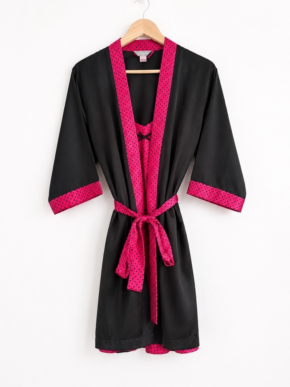 Vintage Charmour Black Pink Heart Robe Slip Set Barbiecore L